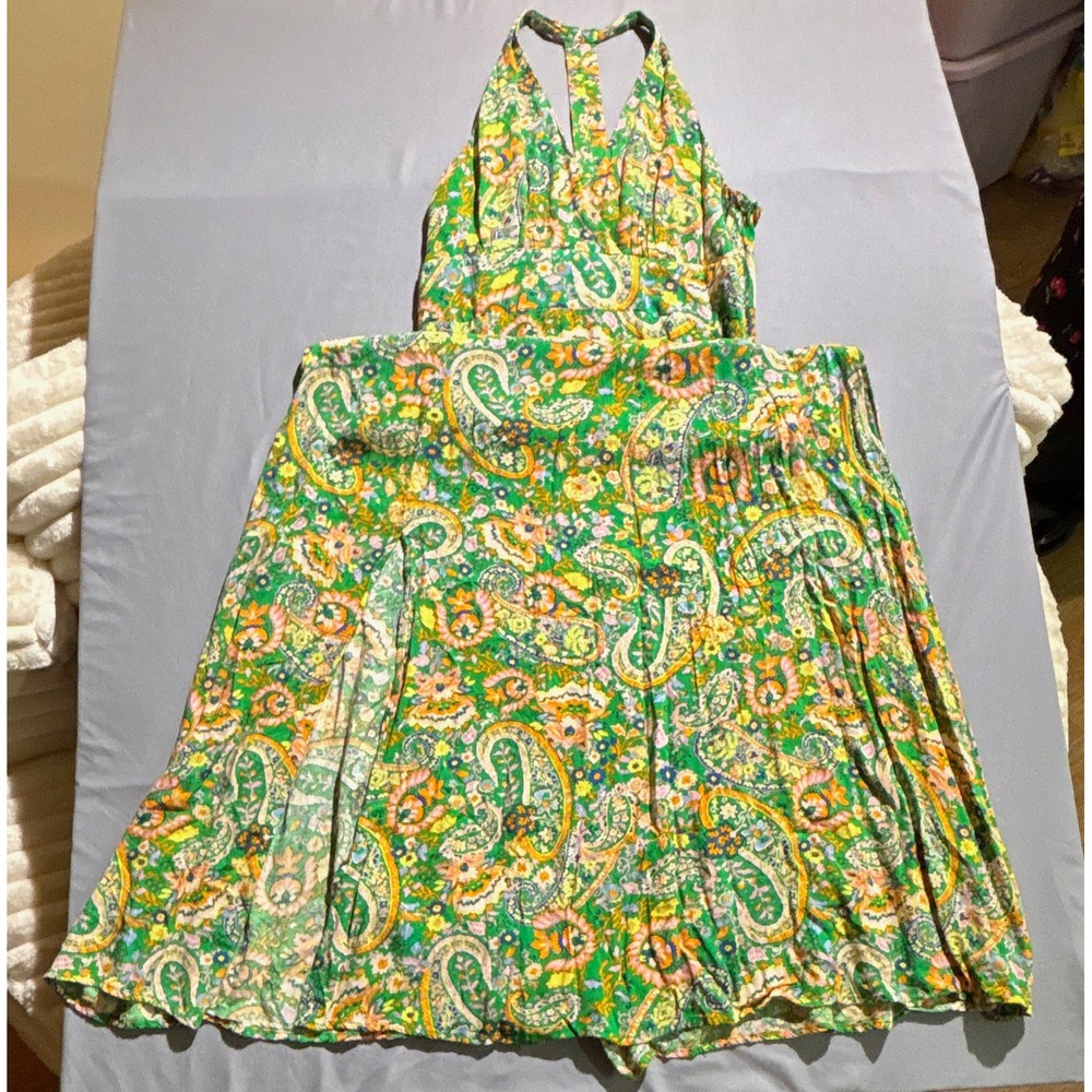 MSK Green Paisley Floral Halter Dress V-Neck T-Back Summer Boho Womens Medium